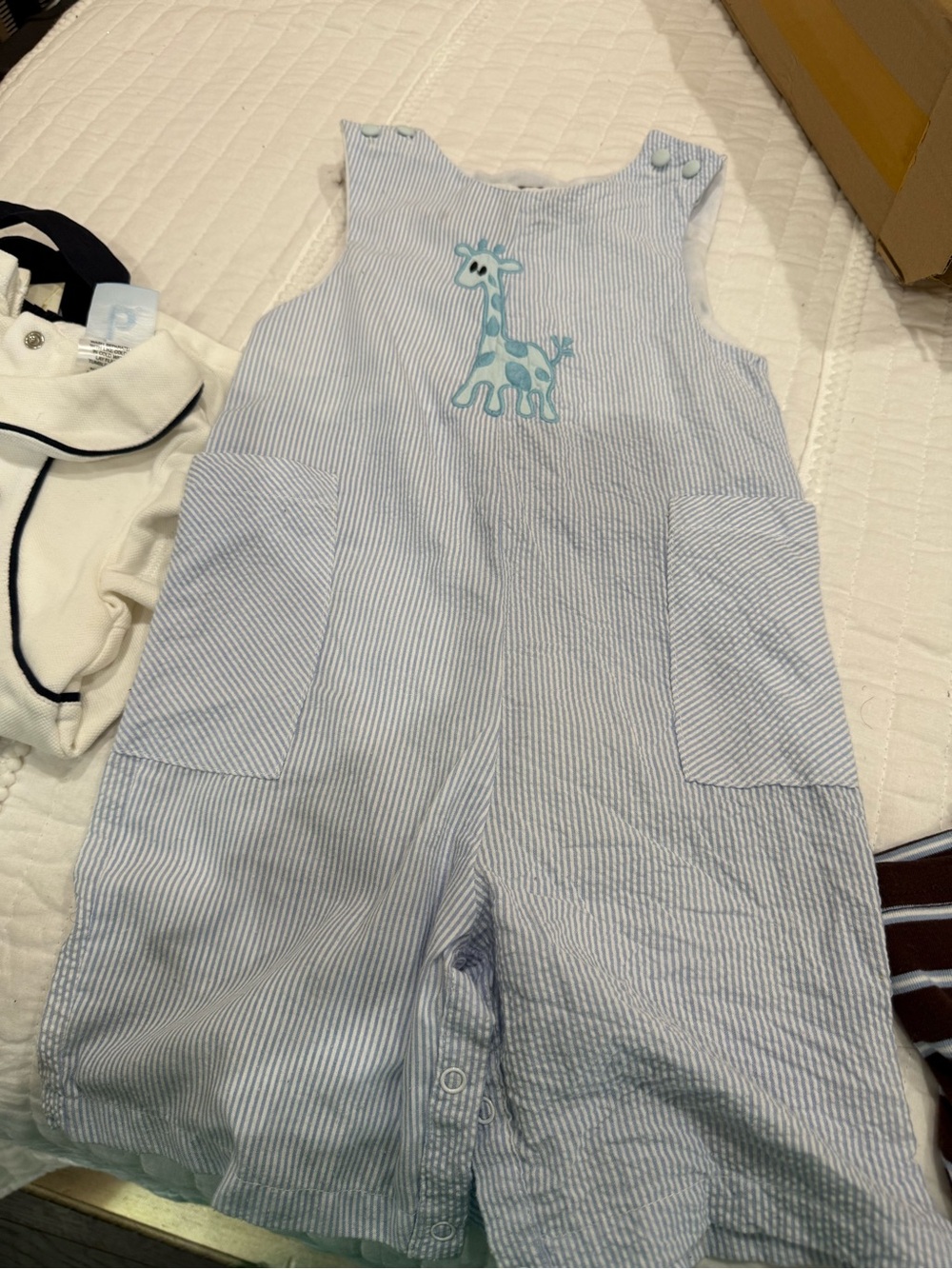 Blue Striped Giraffe Appliqué Kids Romper